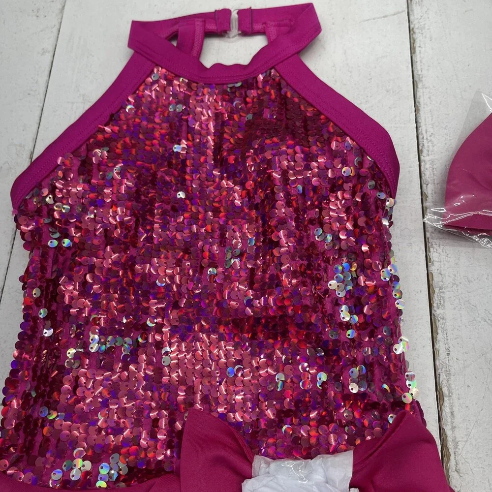 Weissman Werk It Dance Costume Set Girls 7-8 Pink Sequin Romper Bow 2 Piece